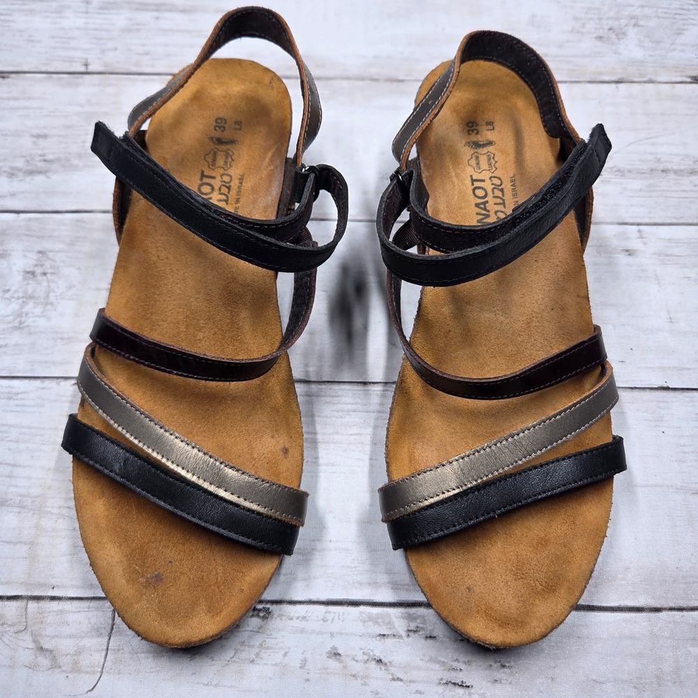 Naot Leather Hero Wedge Sandal Women 39(L8) Black Bronze Metallic Strappy